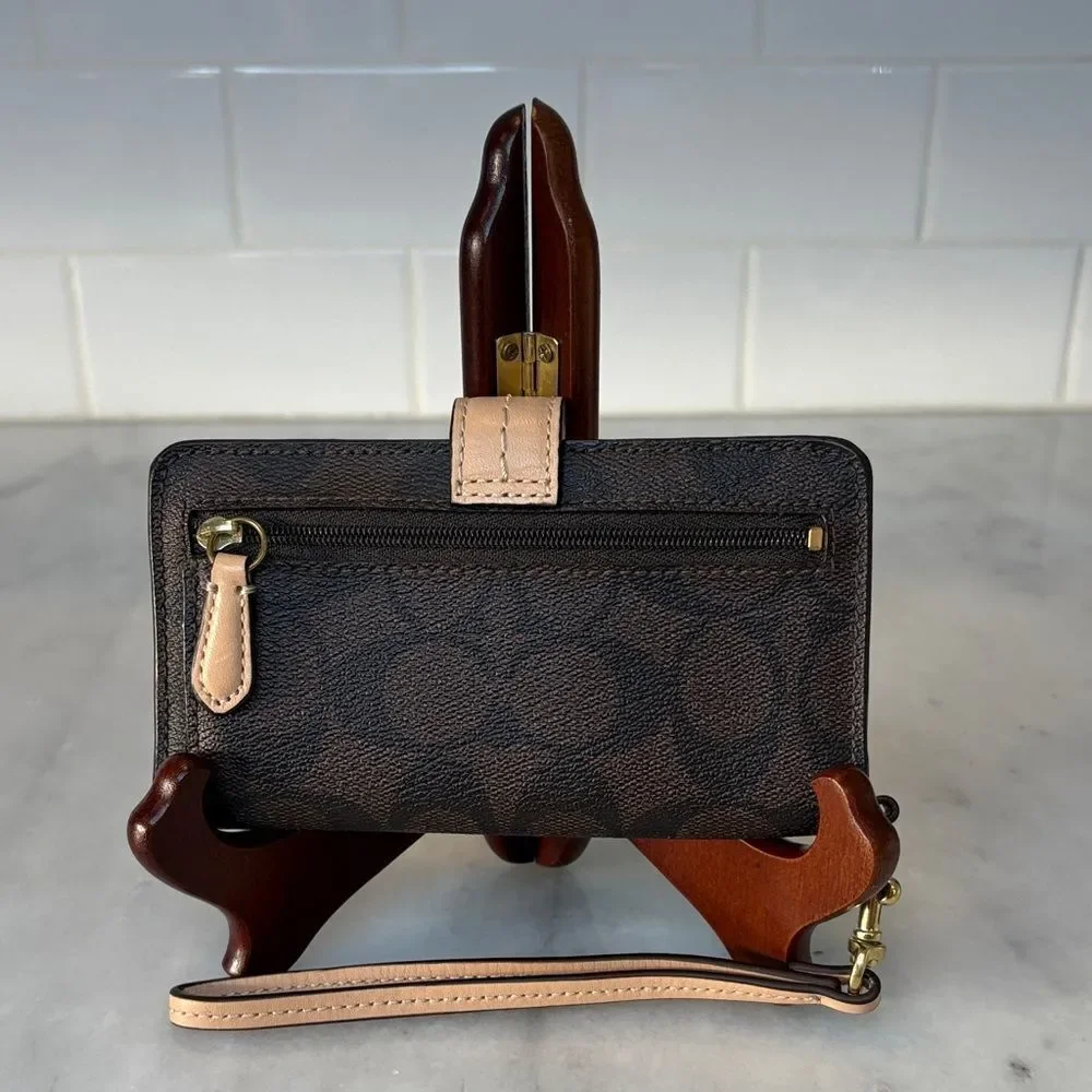 Coach Wallet Signature Logo Coated Canvas Slim Brown Tan Black Designer